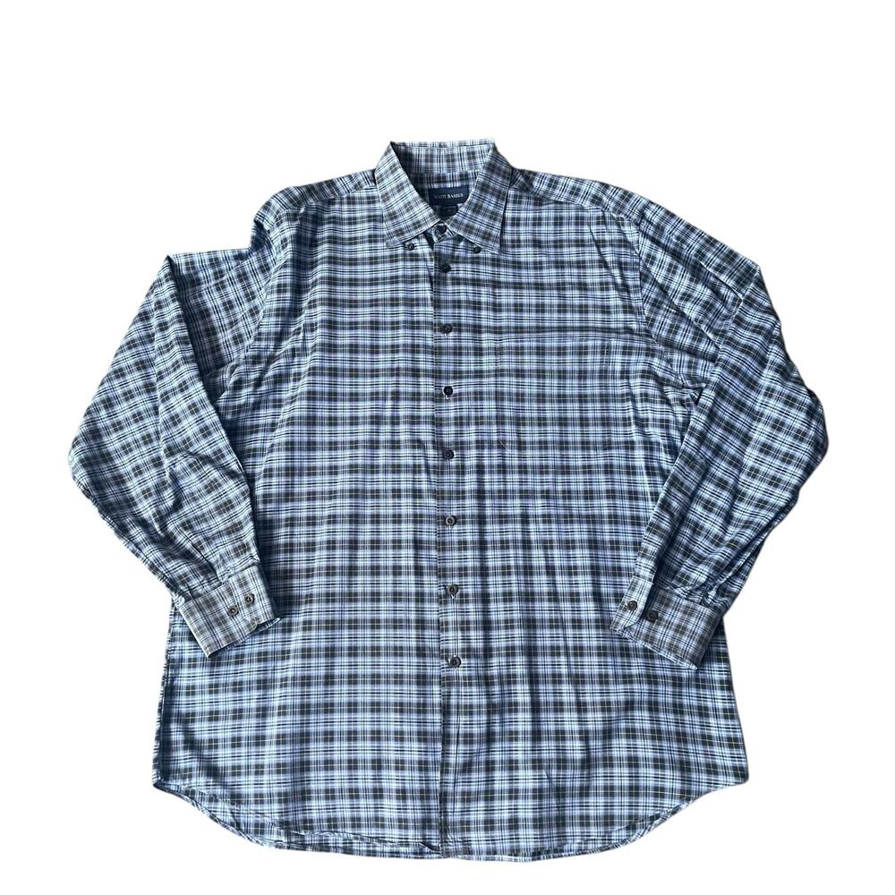 Scott Barber Men's Button-Down Sport Shirt Blue Black Plaid 100% Cotton Size XL
